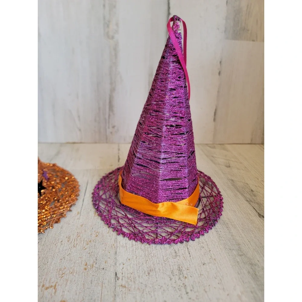 Vintage large Halloween witch hat glitter orange purple ornament set star unique